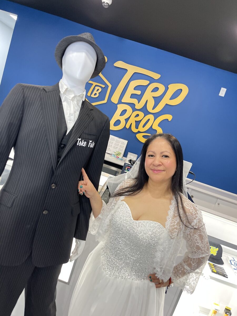 Posing next to a Toke Folks suit at Terp Bros